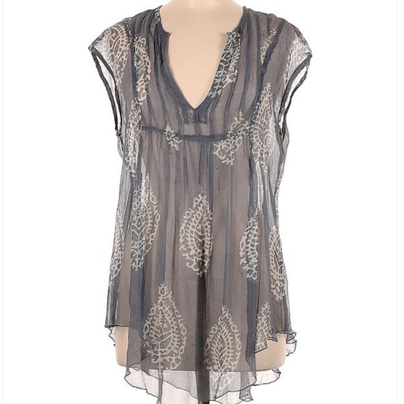 Australian brand - FROCKK - Boho 100% silk short sleeve sheer gray blouse - Picture 5 of 11